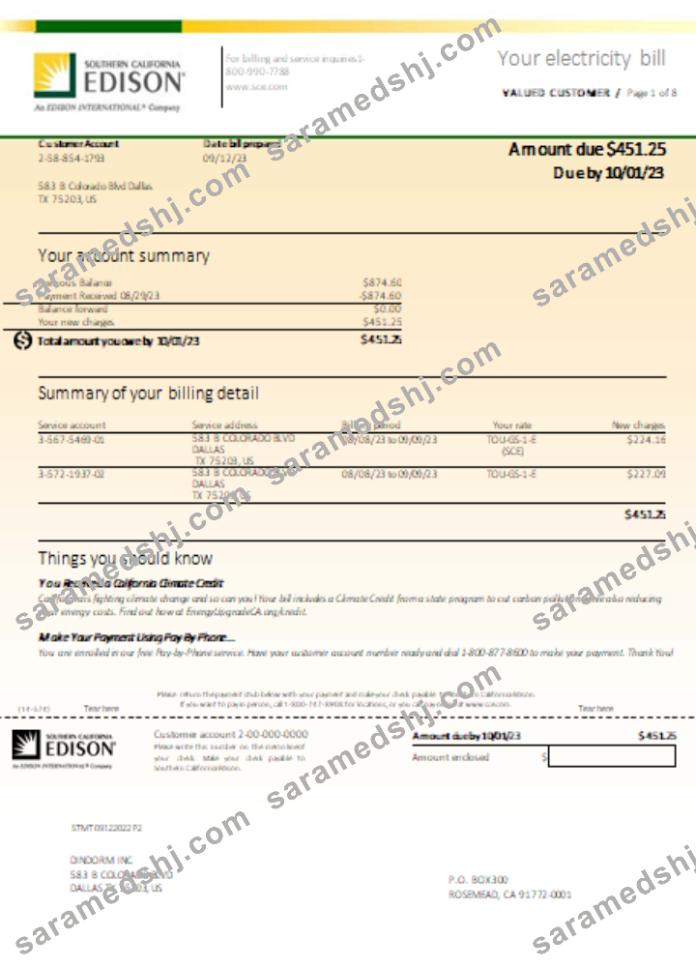 Southern California EDISON utility business bill, page 1 SCR